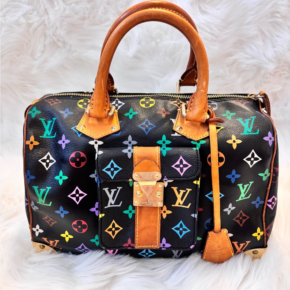 Louis Vuitton Black Multicolor Monogram Speedy Satchel with Tan Leather